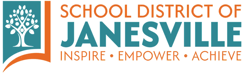 white tree on a blue background with the words School District of Janesville Inspire Empower Achieve