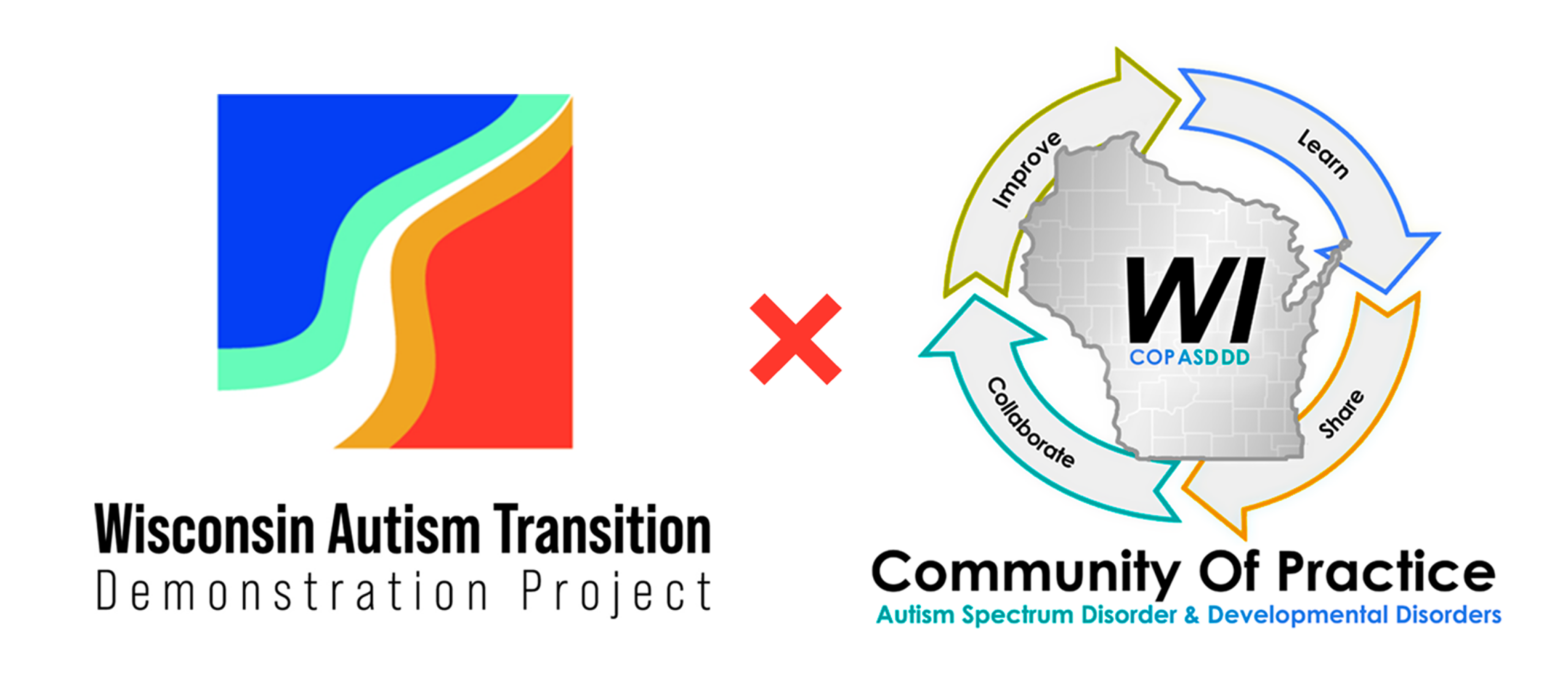 WAuTD logo with blue, bluegreen, white, orange and red rivulets next to a red x denoting "and" the CoP ASD/DD logo with an outline of the state of wisconsin and the word Learn, Share, Collaborate, and Improve