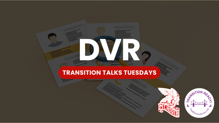 Background image of papers with the words DVR Transition Talks Tuesdays and the Mount Horeb School District Logo and Youth Health Transition Logo