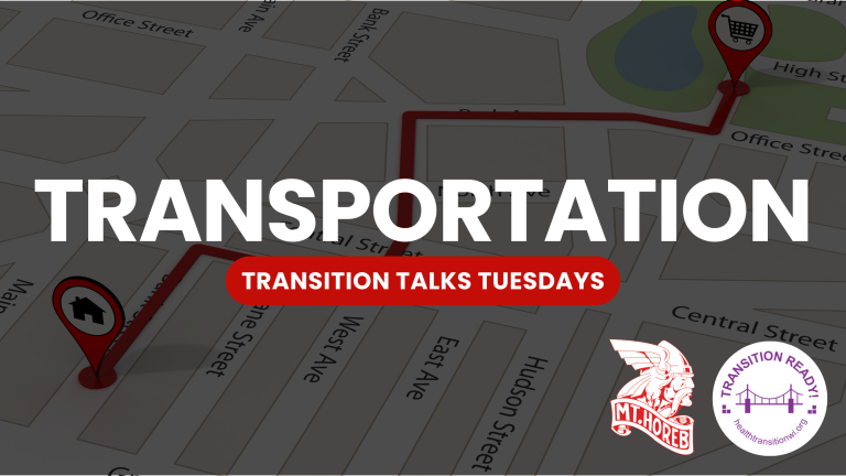 Background image of a google type map with the words Transportation Transition Talks Tuesdays and the Mount Horeb School District Logo and Youth Health Transition Logo