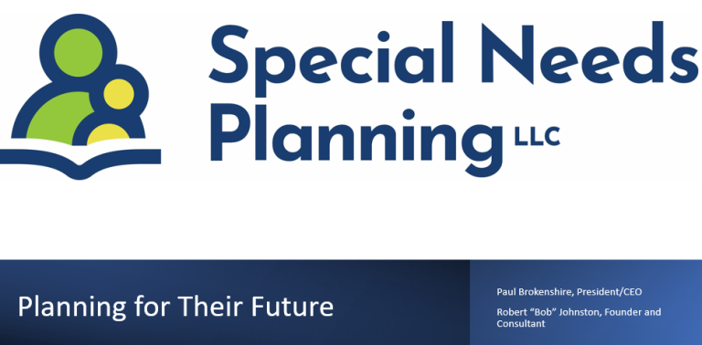 Icon of two people reading a book and the words Special Needs Planning LLC and Planning For Their Future