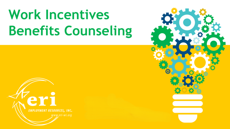 Lightbulb made of different colored gears and the words Work Incentives Benefits Counseling and ERI
